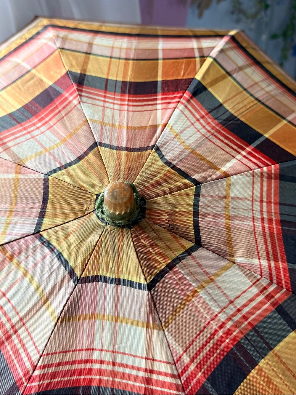 Vintage Plaid Umbrella in Brown, Tan & Gold Tones - Picture 9 of 11